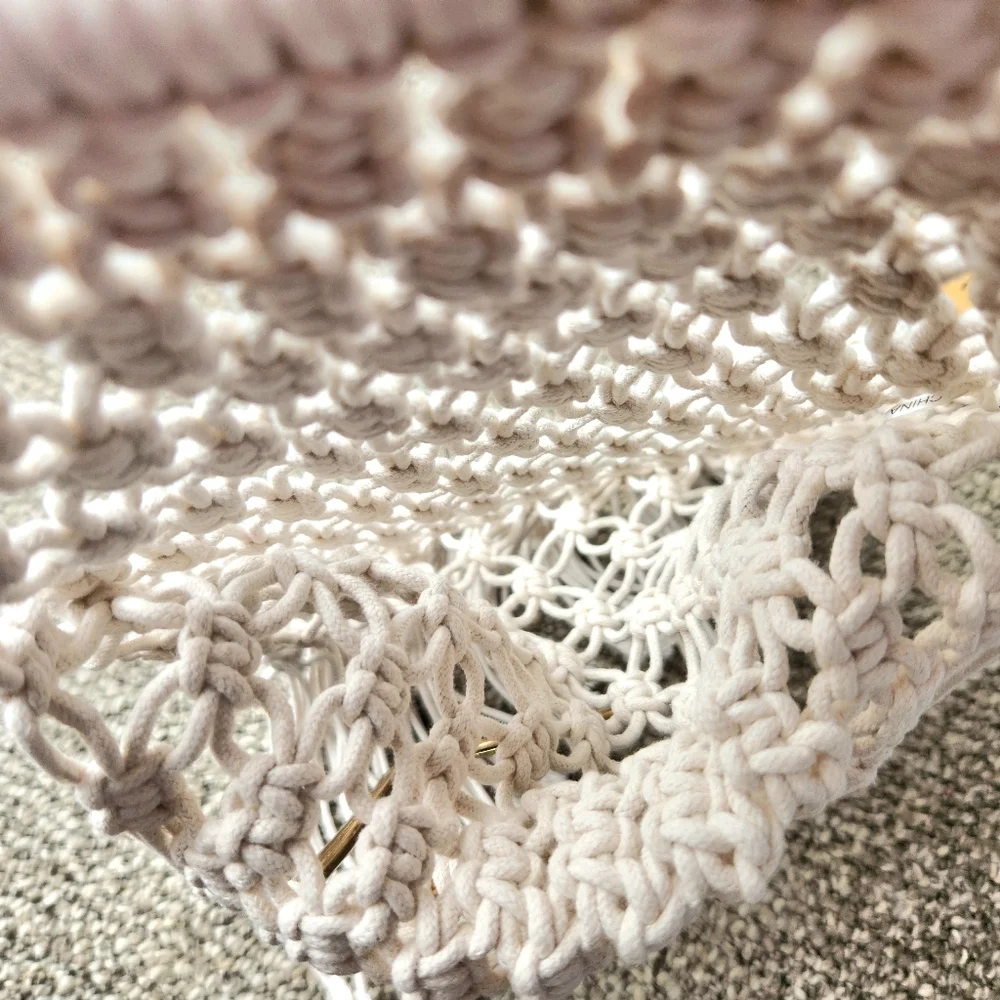Macrame Fringed Clutch Hand Bag Ivory Metal Handle Boho Hippie Beach Woven Purse - Picture 8 of 8